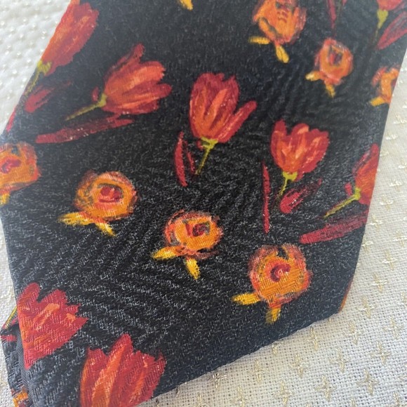 Ermenegildo Zegna Tulip Floral Black Silk Neck Tie Orange Pink Colorful - Picture 3 of 5